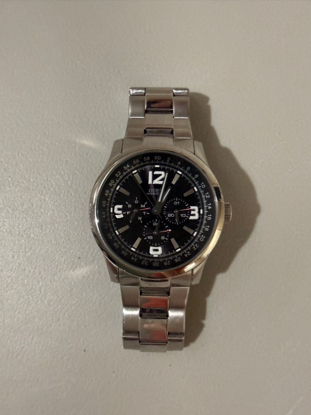 Guess Men's Silver Stainless Steel Watch with Black Dial